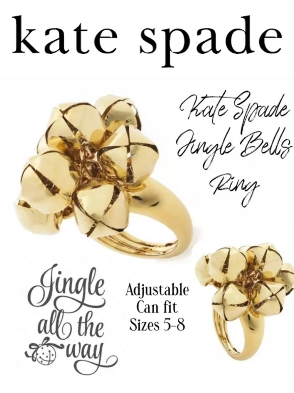 Kate Spade Jingle Bells Adjustable size 6 7 8 Christmas Gold Ring